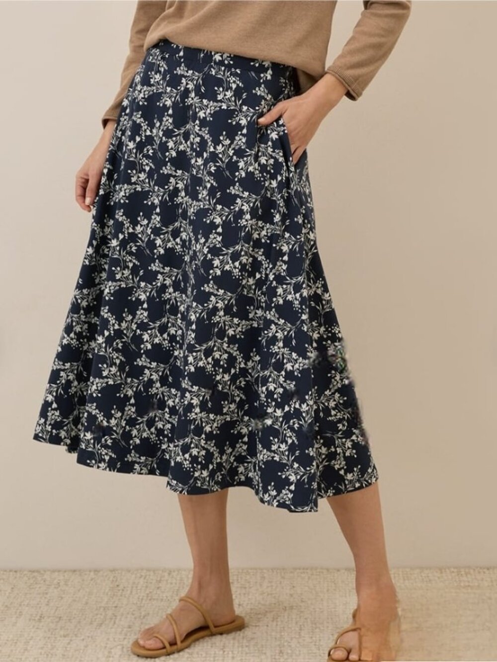 Pact Fit & Flare Organic Cotton Blend Navy Floral Midi Skirt Size Med